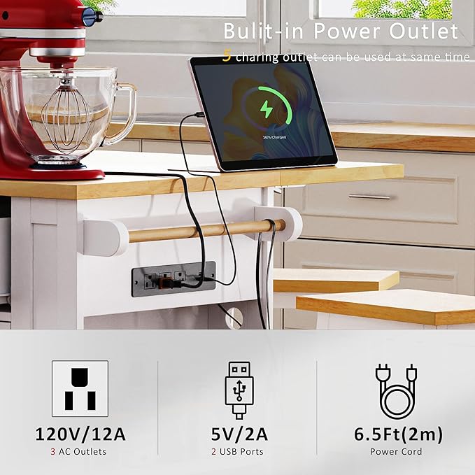 YOTPO 53" Large Kitchen Island with Drop Leaf,Power Outlet & Door Internal Storage Rack,Rolling Kitchen Cart on 5 Wheels W/ 5 Open Side Racks for Kitchen,Dining Room,White(Not Include bar stools)