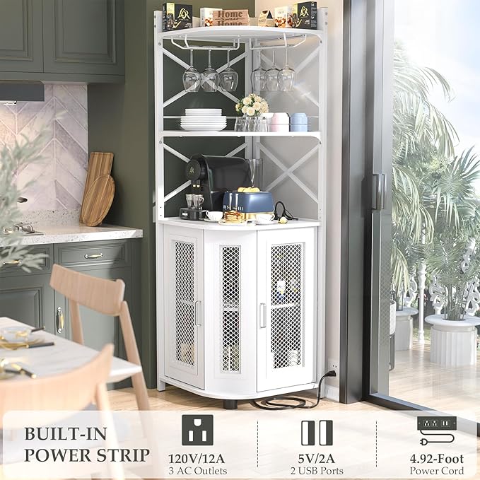 Aheaplus Corner Bar Cabinet with Power Outlet, Industrial Wine Cabinet with LED Strip and Glass Holder, 5-Tiers Liquor Cabinet Bar Unit for Home, Corner Display Cabinet for Small Space, White