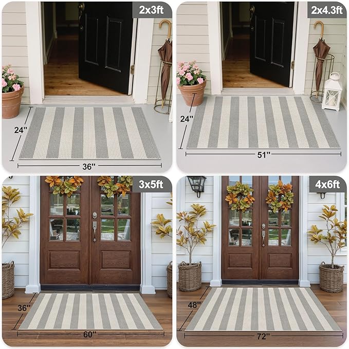 OJIA Outdoor Area Rug 4'x6' Striped Patio Rugs Washable Woven Cotton Indoor Outdoor Rug Living Room Rug Checkered Rug Floor Carpet for Living Room/Dining Room/Deck/Backyard (Gray/White/Tan)