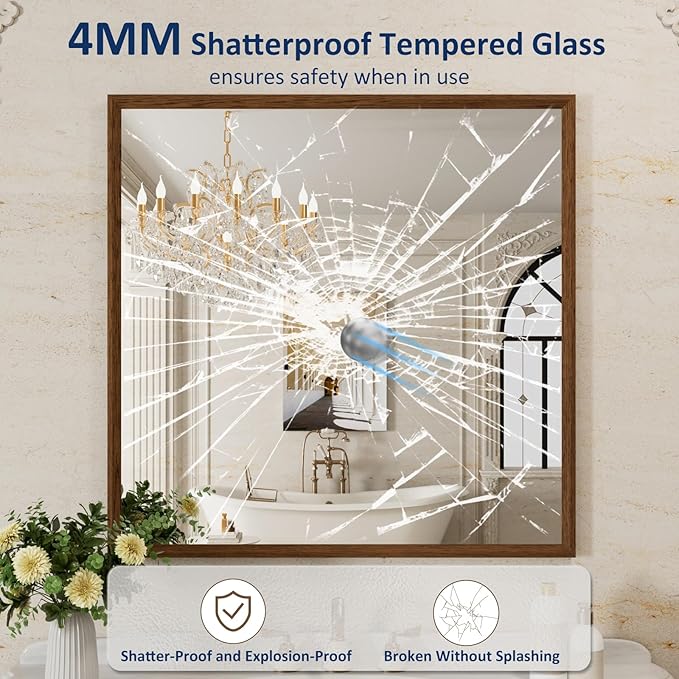 WEER Walnut Bathroom Mirror, Walnut Framed Mirror 36X36 Inch, Rectangle Wall Mounted Bathroom Vanity Mirror with Tempered Glass, Hangs Vertically or Horizontally, Anti-Rust