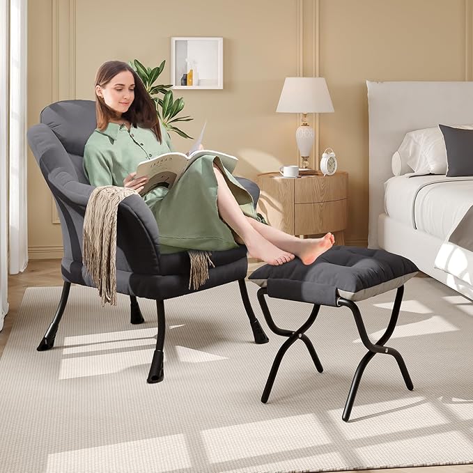 IDEALHOUSE Lazy Chair with Ottoman - Modern Living Room Chairs for Small Spaces, Ergonomic Reading Chair with Armrests, Comfy Chair with Ottoman for Bedroom & Living Room, Grey