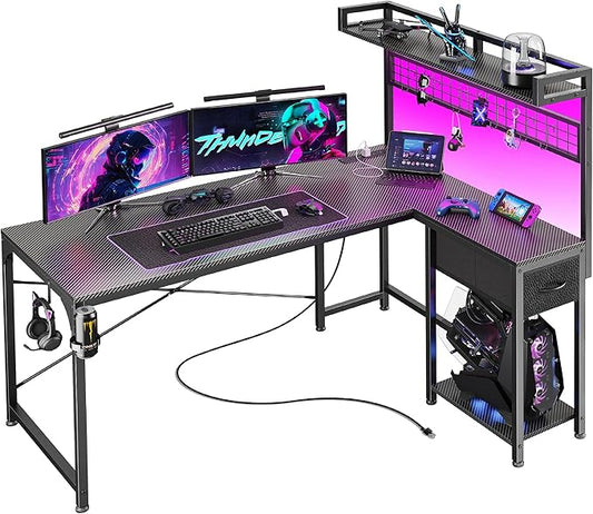 PRAISUN L Shaped Gaming Desk with Shelves, Corner Computer Table with LED Lights, Power Outlets and USB-C Ports, 50 Inch Home Office Desk with Storage Drawer, for Work and Study, Carbon Fiber Black