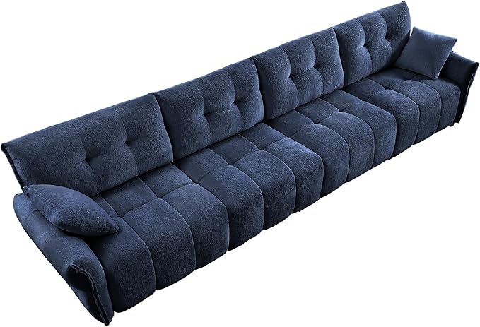 Modern Chenille Fabric 4-Seat Sofa w/ 2 Pillows, Premium Upholstery Living Room Couch with Tufted Backrest & Comfortable Armrests and High-Resilience Memory Foam Cushions,Blue
