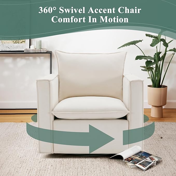 COLAMY Swivel Accent Chair, 34 Inches Wide Upholstered Arm Chair with Plump Back Pillow, Modern Sofa Living Room Chair for Bedroom, Corner, Reading Nook-Beige