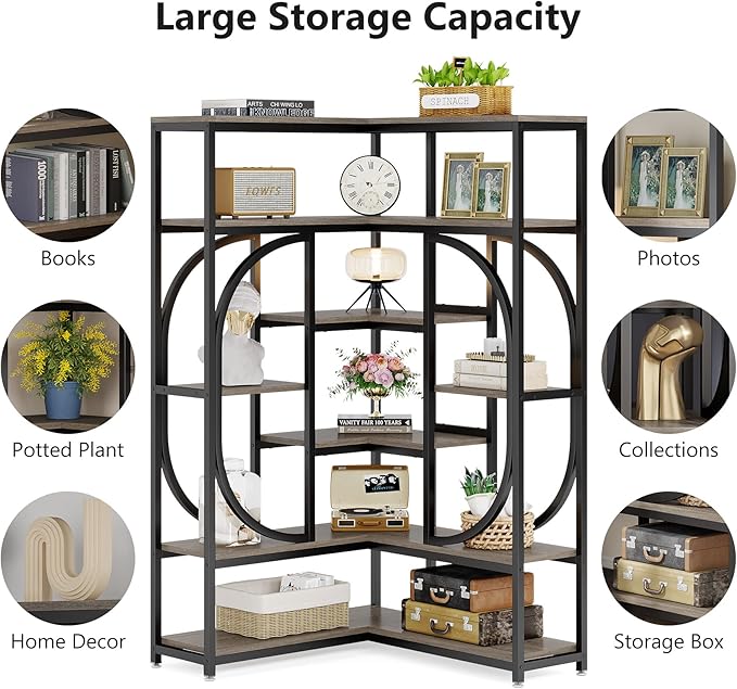 LITTLE TREE Large Corner Bookshelf Industrial Bookcase for Living Room Home Office,Grey