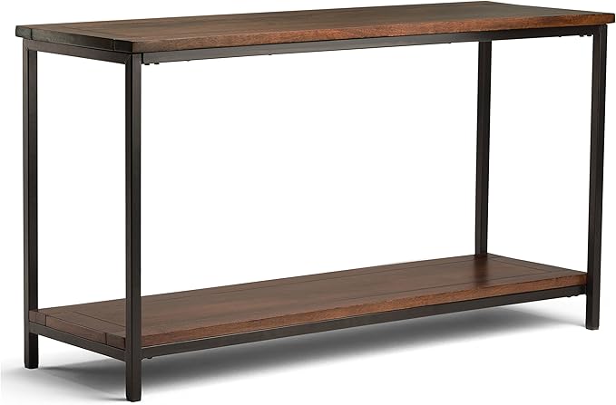 SIMPLIHOME Skyler Console Table - 54 Inch Wide Solid Mango Wood and Metal Sofa Table in Dark Cognac Brown, Industrial Entryway Table for Living Room with Open Bottom Shelf and Black Steel Frame