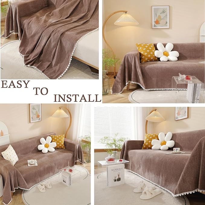 HANDONTIME Brown Sofa Covers Simple Couch Cover for Pet White Floral Couch Cushion Covers for L Shape Chocolate Sofa Throw Cover Sectional Couch Covers for Living Room Machine Washable, 71" X150"