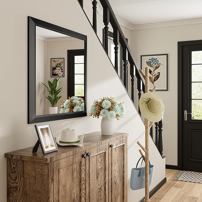 24x32 Inch Black Bathroom Mirror for Wall, Thick Metal Framed Rectangle Mirrors for Over Sink, Bedroom, Living Room, Entryway, Anti-Rust, HD Tempered Glass