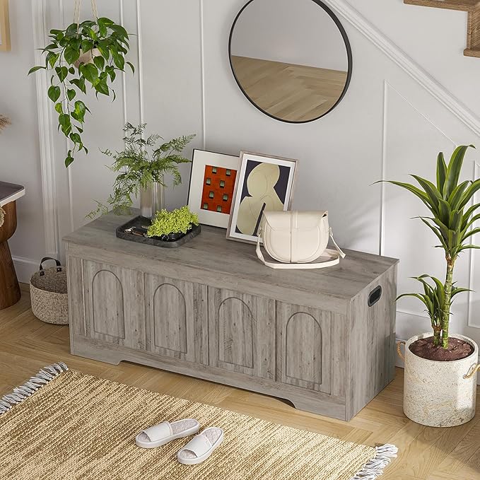 DINZI LVJ Storage Chest, 47.2”Wooden Storage Box with 2 Safety Hinges, Entryway Shoe Bench with Flip-Top, Large Trunk for Living Room, Bedroom, Easy Assembly, Gray Wash