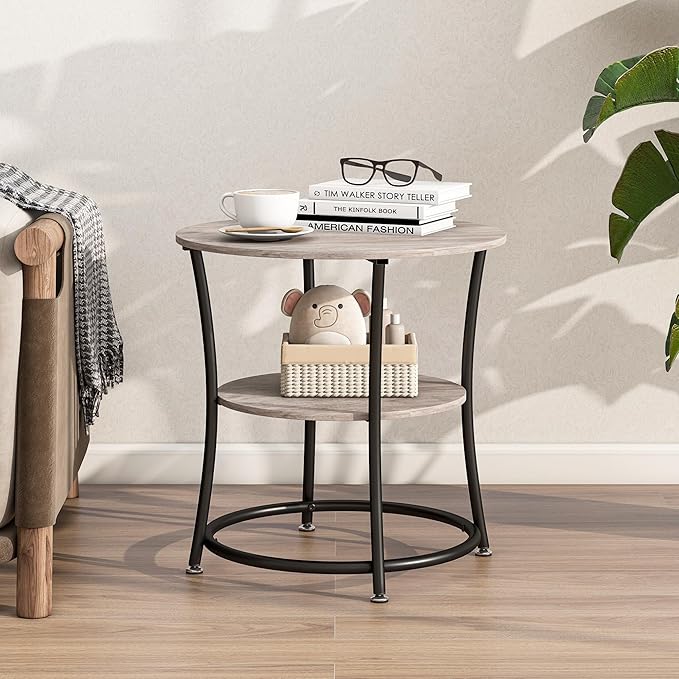 BOFENG Round Coffee Table Side Table,Round End Table with 2 Storage Shelves for Living Room, Bedroom,Small Space,Coffee Table Nightstand with Sturdy Metal Frame,Easy Assembly,Black+Grey