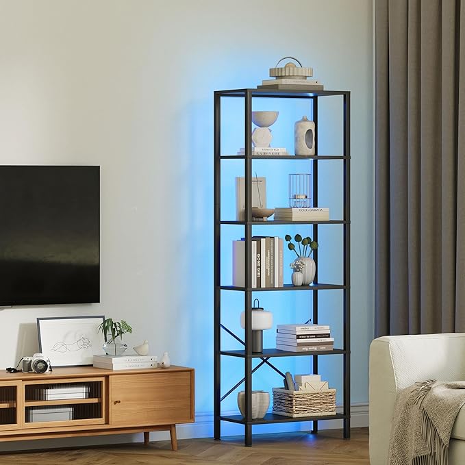 6-Tier Bookshelf, Tall Bookcase with LED Lights, Book Shelf with Steel Frame, 11.2" x 23.6" x 65.4", Display Storage Shelf for Living Room, Bedroom, Home Office, Study, Black