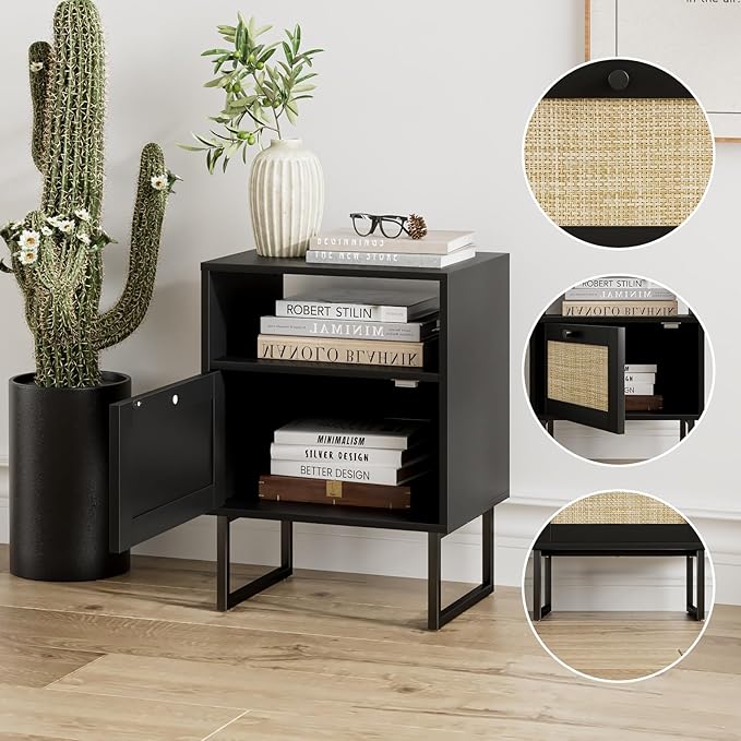 Masupu Rattan Nightstand,Boho Night Stand Modern Farmhouse Wood Bedside Table with Storage Drawer and Open Shelf,Side End Table for Bedroom,Living Room,Office Black