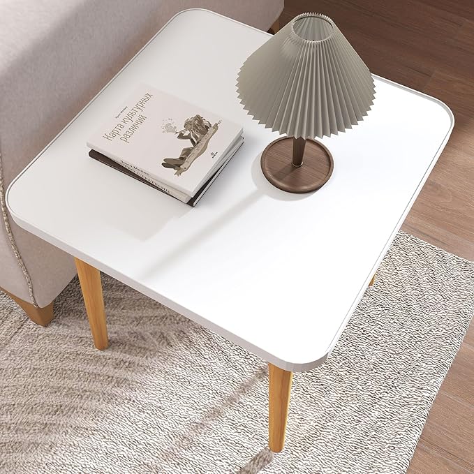 Simple End Table,Modern Side Table with 4 Solid Wood Sturdy Legs for Living Room,Nightstand Bedside Table for Bedroom Balcony (White)