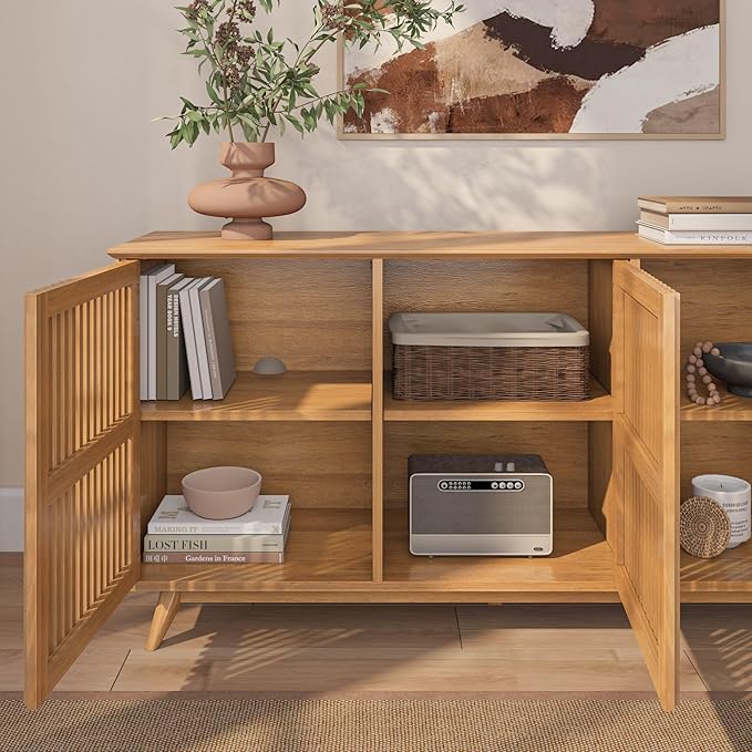 Plank+Beam Mid-Century Modern Wood TV Stand, Three Door Solid Wood Entertainment Console with Storage, 59" L x 16" W x 30" H, Pecan