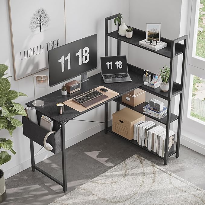 Treesland 47 Inch Computer Desk with Bookshelf, Corner Desk with Storage, L Shaped Desk, Home Office Desks, Writing Study Desk for Bedroom, Black