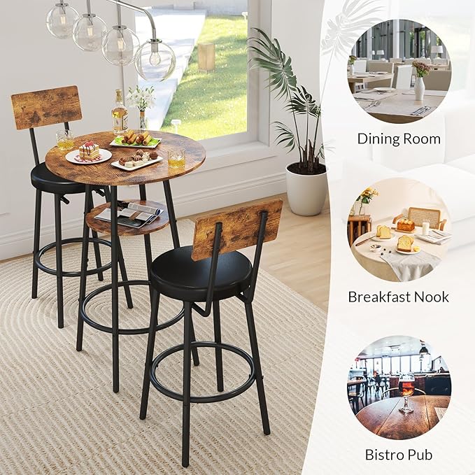 3 Pieces Round Bar Table Set, Small Dining Table for 2, Modern Kitchen Bar Table, Breakfast Table with Storage, 2 Thickened Cushion Stools with Backrest for Dining Room, Bistro-Brown