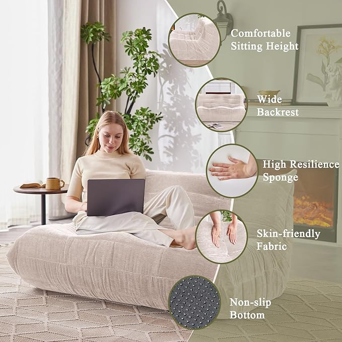 Bean Bag Chair, Loveseat Fireside Chair Large Bean Bag Sofa for Adults, Memory Foam Two Seater Couch Gaming Chairs with Comfy Design, Lazy Floor Sofa for Living Room, Bedroom, Beige