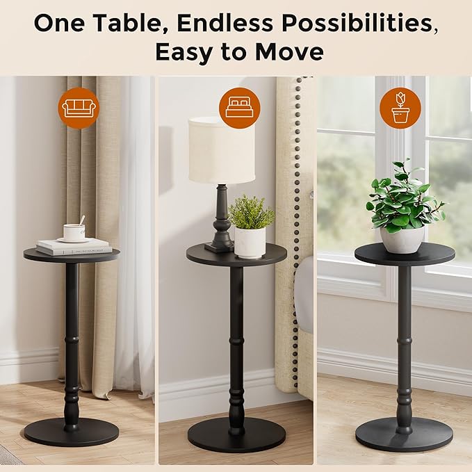 Round Side Table, Solid Wood Pillar with Wood Top & Base, Small Drink Accent Table for Living Room, Bedroom, Sofa & Office, Easy Assembly, Black