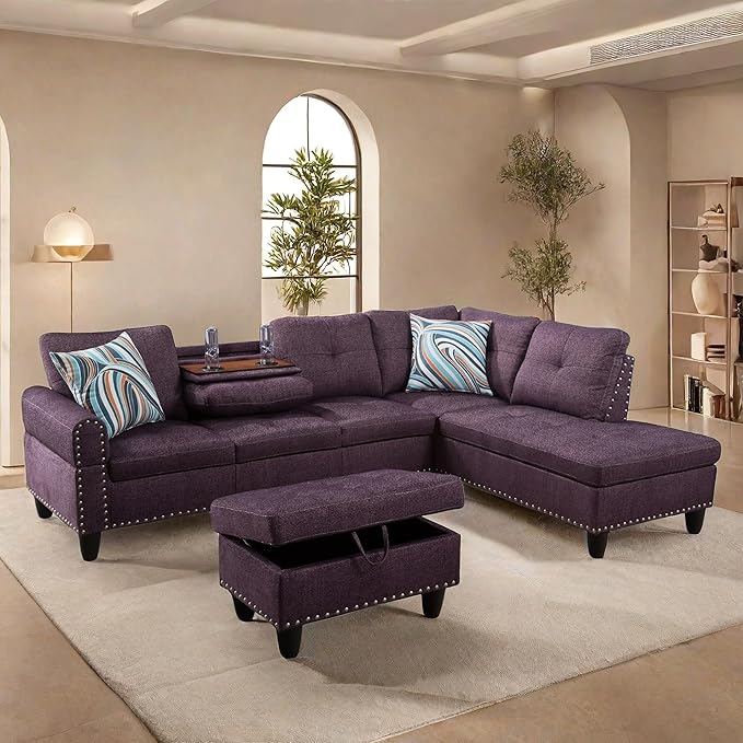 L Shaped Sectional Couches, Modular Sectional Sofa with Ottoman Storage, Nail-Head Design Lounge Sofa with Reversible Cup Holder for Living Room, Bedroom, Purple