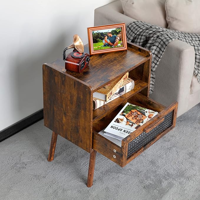 Lerliuo Rattan Nightstands Set of 2, Boho Side Table with Drawer Open Shelf, Cane Accent Bedside End Table with Solid Wood Legs for Bedroom, Dorm and Small Spaces (Brown)