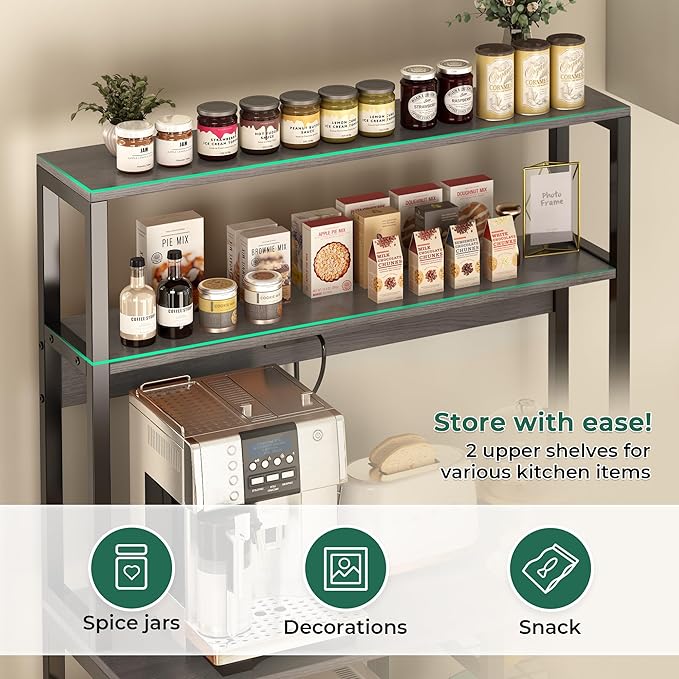 SUPERJARE Bakers Rack with Power Outlet, 35.4 Inches Coffee Bar with Wire Basket, Kitchen Microwave Stand with 6 S-Shaped Hooks, Open Storage Shelves, Charcoal Gray