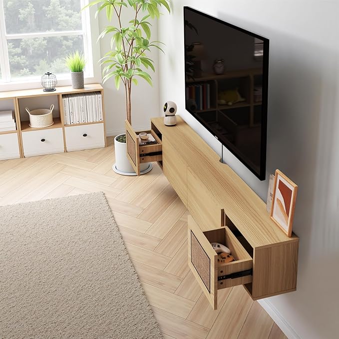 Pmnianhua Boho Floating TV Stand 70", Modern Wall Mounted Media Console with Cotton-Rayon Doors for Under TV Shelf,Entertainment Center,Living Room,Bedroom(Natural)