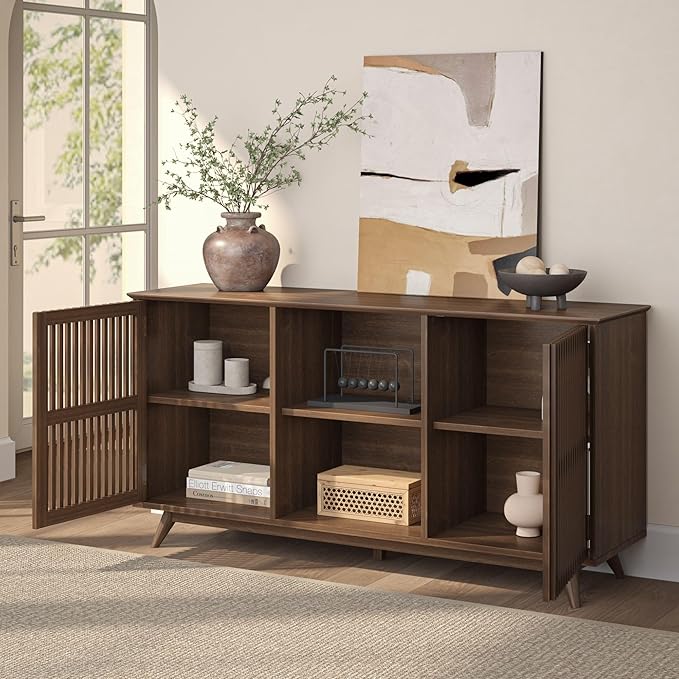 Plank+Beam Mid-Century Modern Wood TV Stand, Solid Wood Entertainment Console with Storage, 59" L x 16" W x 30" H, Walnut