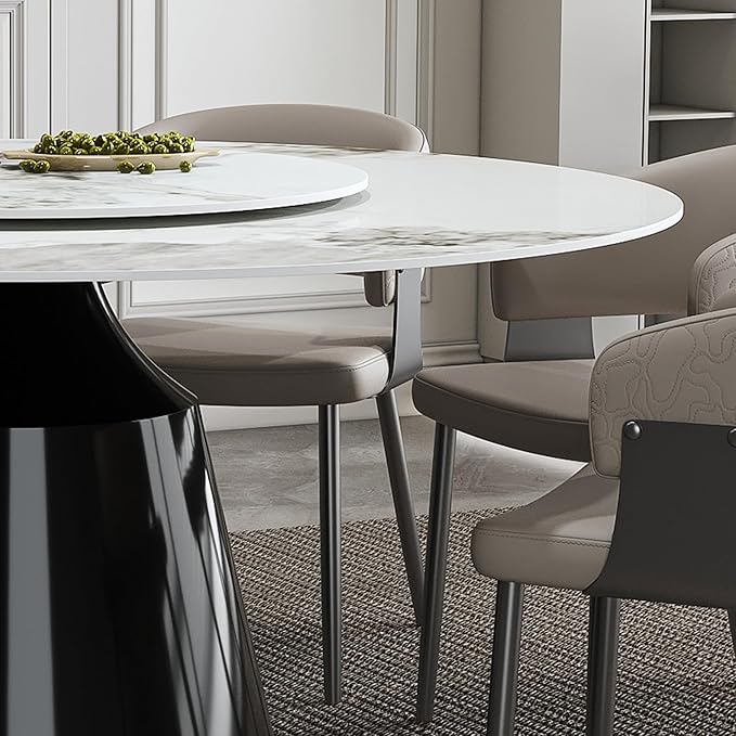 Ball & Cast 7-Piece Dining Set,Faux Marble Table with Detachable Rotating Tray & 6 PU Leather Chairs,Modern Kitchen Dining Room Table Set w/Stainless Steel Base,for Restaurant & Home,Grey
