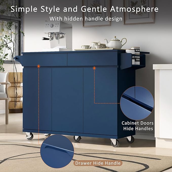 53" Kitchen Island with Drop Leaf,Dining Storage Cart W/Spice Rack,Towel Rack and 2 Drawers,Rolling Island on Wheels W/Adjustable Shelves for Kitchen,Dining Room,Navy Blue