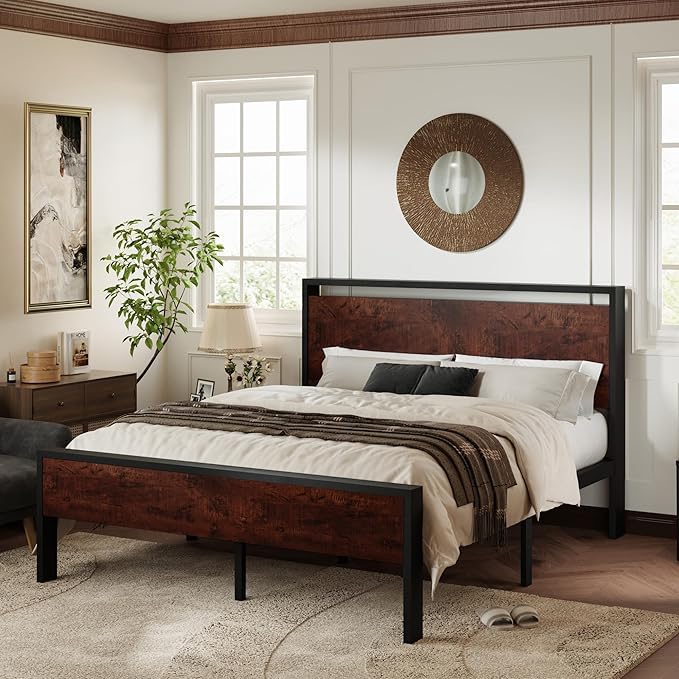 Allewie Full Size Platform Bed Frame with Wooden Headboard and Footboard, Heavy Duty 12 Metal Slats Support, No Box Spring Needed, Under-Bed Storage, Noise Free, Easy Assembly, Mahogany