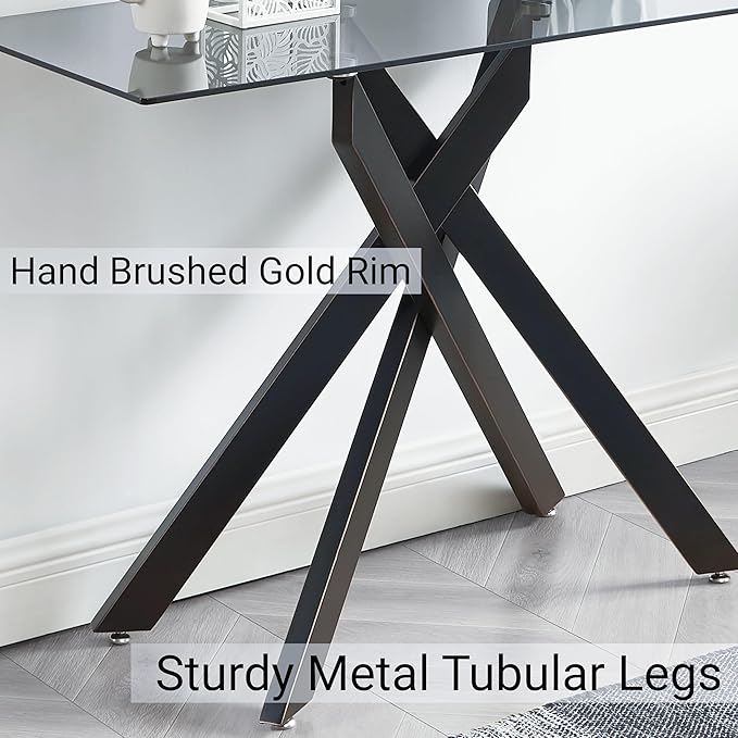 Modern Style Console Table Narrow Sofa Table with Grey Tempered Glass Top and Black Metal Tubular Legs with Gold Rim, 45”Lx18”Wx30”H