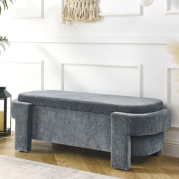 KEIKI 51" Linen Ottoman Bench with Large Storage Space, Upholstered Seating Foot Rest Stool Furniture for Bedroom, Living Room, Entryway, Green