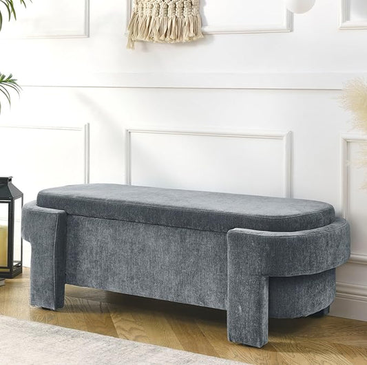 KEIKI 51" Linen Ottoman Bench with Large Storage Space, Upholstered Seating Foot Rest Stool Furniture for Bedroom, Living Room, Entryway, Green