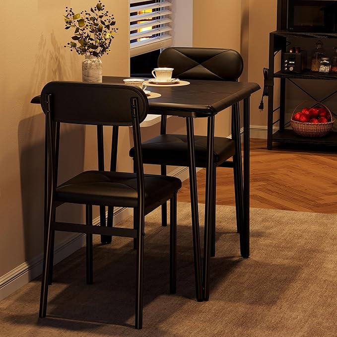 GarveeHome Dining Table Set for 2, Kitchen Table with Upholstered Chairs for Kitchen Room and Small Spaces (Black, Table with 2 Chairs)
