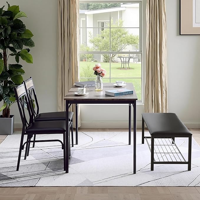 VECELO Kitchen Dining Table Set with Upholstered Bench & 2 Chairs | Space-Saving Compact Design | Perfect for Small Apartments, Breakfast Nooks