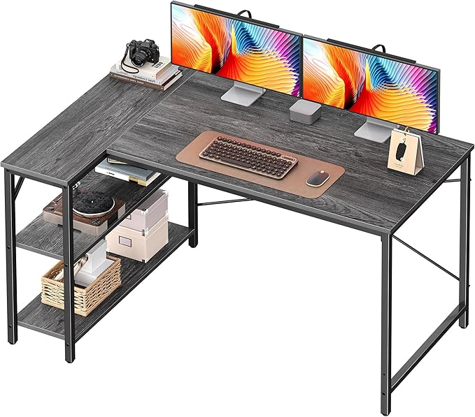 Huuger L Shaped Desk, 47 Inches Computer Desk with Reversible Storage Shelves, for Gaming Corner Home Office Writing Study, Metal Frame, Gray