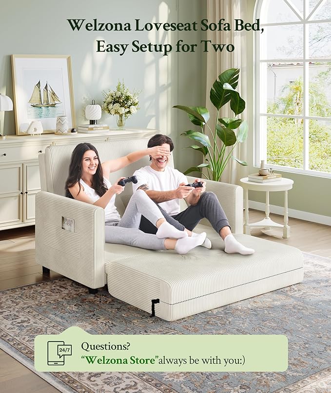 53” Convertible Sofa Bed Couch, Corduroy Couch Bed, 6-Position Loveseat Sleeper Sofa, Love Seat Sleeper Bed 23.6" Extra Deep Seat, Modern Couches for Living Room/Apartment/Home/Office, Beige