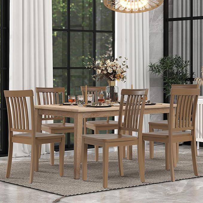 COLAMY Wooden Dining Chairs Set of 6, Solid Rubberwood Kitchen & Dining Room Chairs, Farmhouse Rustic Side Chairs for Dining Table, Anti-Slip Protection, Classic Windsor Style Seating, Oak Light Brown