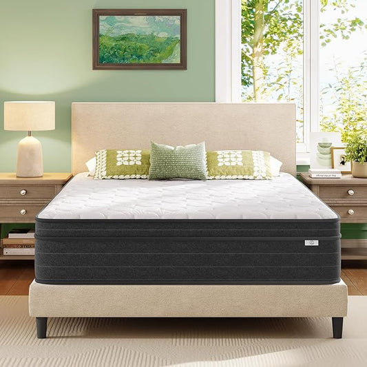 12 Inch King Size Mattress in a Box for Back Pain, Medium Firm Feel Fiberglass Free Hybrid Mattress with Individual Pocket Springs and Pressure-Relieving Memory Foam, 120-Night Trial