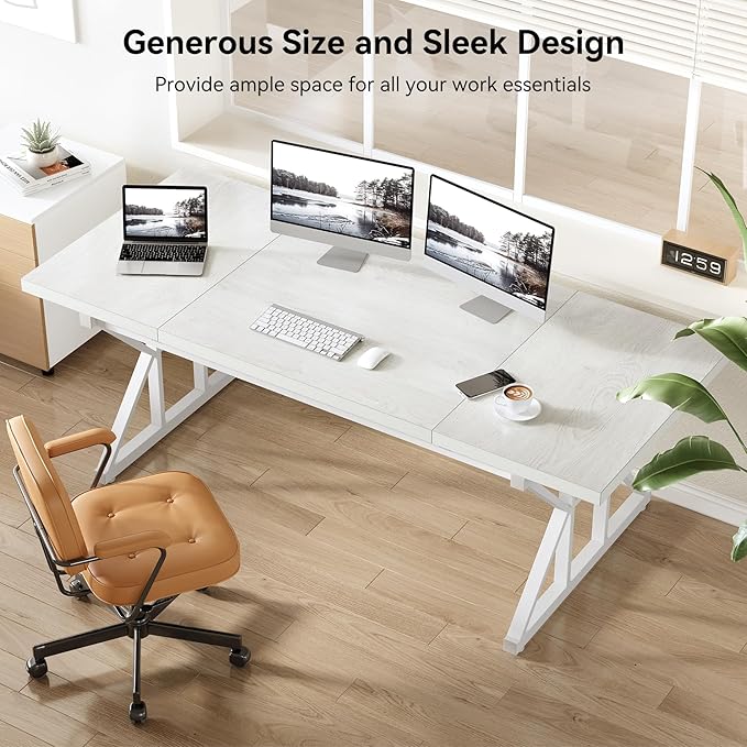 LITTLE TREE 70.8-Inch Large Executive Desk, Extra Long Computer Office Desk Workstation, Modern Simple Style Laptop Table, Sturdy Wooden Writing Workstation for Home White