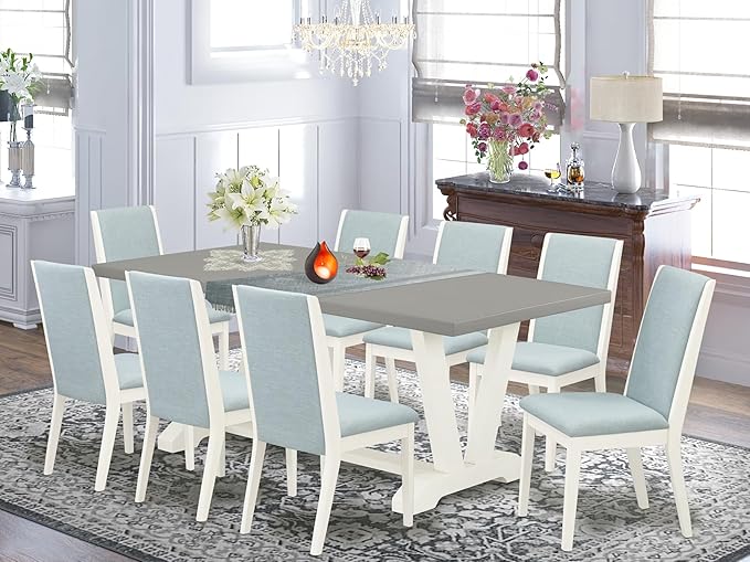 East West Furniture V097LA015-9 9 Piece Kitchen Table & Chairs Set Includes a Rectangle Dining Table with V-Legs and 8 Baby Blue Linen Fabric Parson Chairs, 40x72 Inch, Multi-Color