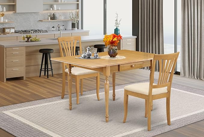 East West Furniture MZAV3-OAK-C 3 Piece Dining Room Furniture Set Contains a Rectangle Kitchen Table with Dropleaf and 2 Linen Fabric Upholstered Dining Chairs, 36x54 Inch, Oak