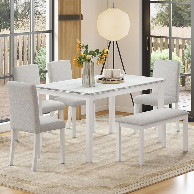 6-Piece Solid Wood Dining Table Set, Including 1 Dining Table, 4 Upholstered Chairs and 1 Bench, Wooden Legs Dining Table Set for Dining Room, Kitchen, Restaurant, White Diamond
