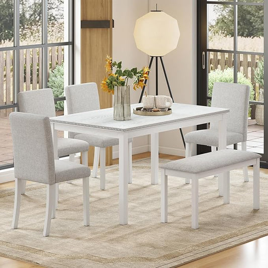 6-Piece Solid Wood Dining Table Set, Including 1 Dining Table, 4 Upholstered Chairs and 1 Bench, Wooden Legs Dining Table Set for Dining Room, Kitchen, Restaurant, White Diamond