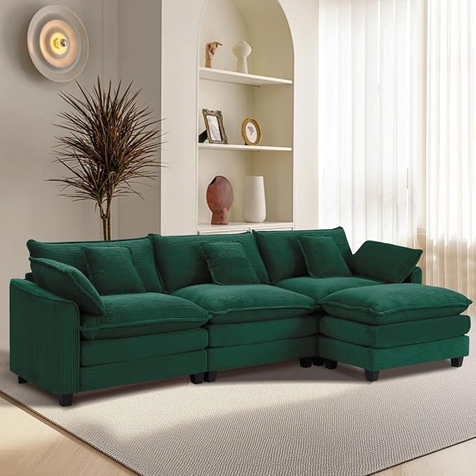Furniliving 117‘’ L-Shaped Sofa, Luxury Corduroy Modular Sectional Couches with Ottoman, Upholstered Deep Seat Sleeper Sofa with Memory Foam and Waist Pillows, Green