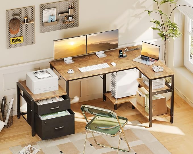 Casaottima L Shaped Desk with Drawers & File Cabinet, Reversible Computer Desk with Storage Shelves & CPU Stand, Corner Desk with Power Outlets, L Desk for Home Office, Rustic Brown