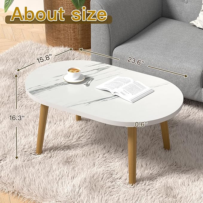 Small Coffee Table for Small Space, Low Table, Floor Table Desk for Sitting on The Floor, Japanese Coffee Table for Living Room, Tatami Tea Tables with Solid Wood Legs, Oval Coffee Tables, White