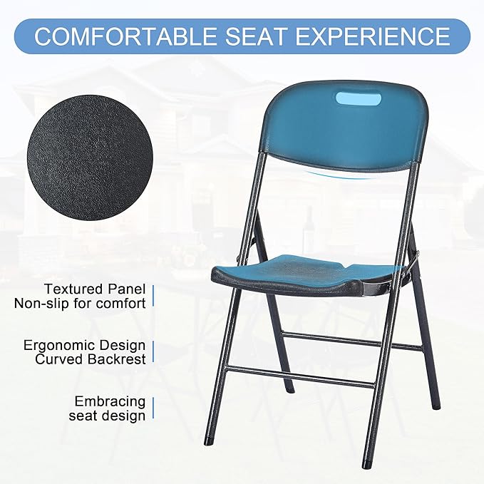 VECELO 4 Pack Folding Chairs, Indoor/Outdoor Use Plastic Seat with Steel Frame, for Events, Office, Wedding, Party, Stackable & Portable, Matte Black