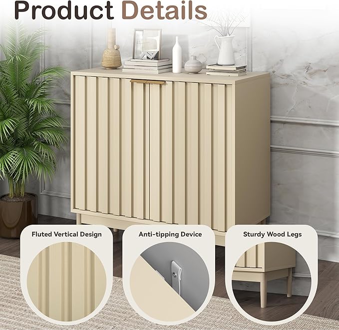 Fluted Cabinet with Storage, Buffet Cabinet Sideborad with Door, Kitchen Buffet Storage Accent Cabinets with Adjustable Shelves for Living Room, Entry, Hallway, Beige