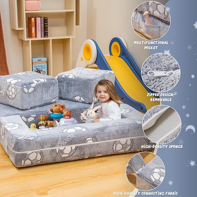 Lamerge Toddler Couch Glow in The Dark Toddler Fold Out Couch for playroom, Convertible Baby Fold Out Play Foam and Floor Cushion for Bedroom (Grey+Football)
